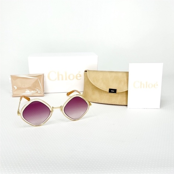 Chloe Sunglasses Tally Rounded Diamond Gold Frame Violet Lenses CE165S New $420